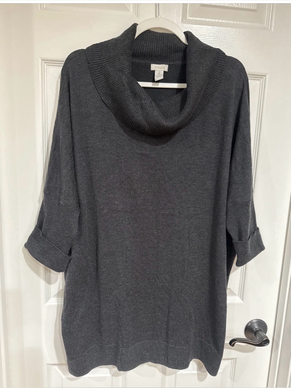 Chico's SZ 2 (Women's 12) Cowl Neck Sweater Charcoal Gray Classic Lagenlook
